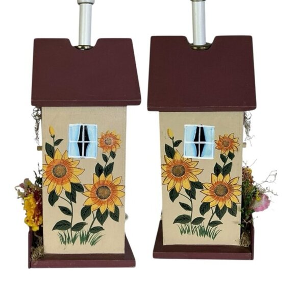 Birdhouse Table Lamp Sunflower Rustic Wood Hand Crafted Tan Country Barn Red - Picture 8 of 15